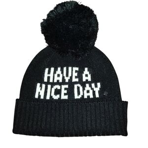 Kate Spade Black Beanie HAVE A NICE DAY Message  Puffy Pom-Pom One Size Fits All